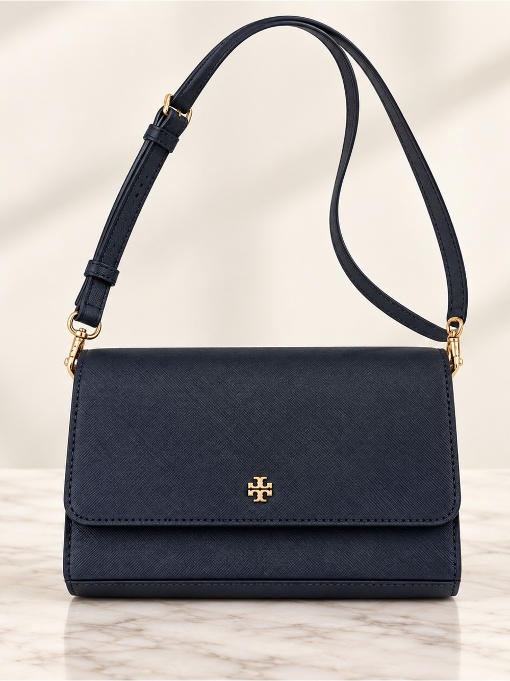 Tory Burch Navy Saffiano Leather Crossbody Shoulder Bag with Gold Hardware